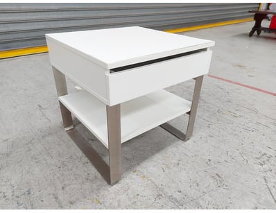 Modern single drawer bedside table featuring a cle...