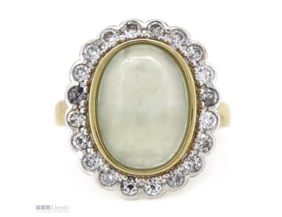 10K YELLOW GOLD, JADE AND DIAMOND, HALO RING.     ...