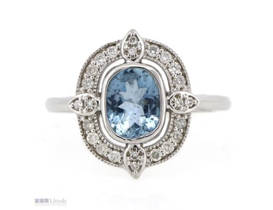 14K WHITE GOLD, AQUAMARINE AND DIAMOND, DRESS RING...