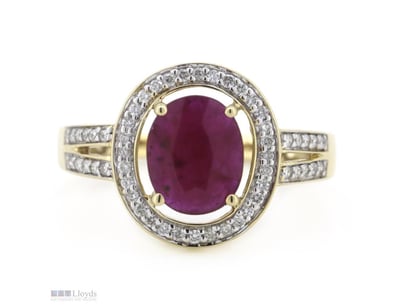 14K YELLOW GOLD, RUBY AND DIAMOND, HALO SPLIT BAND...