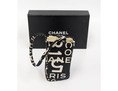 CHANEL BLACK AND CREAM LOGO PRINT CANVAS SHOULDER ...