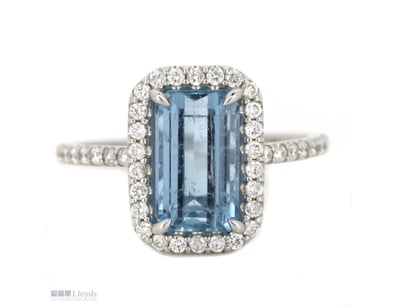 14K WHITE GOLD, AQUAMARINE AND DIAMOND, HALO RING....