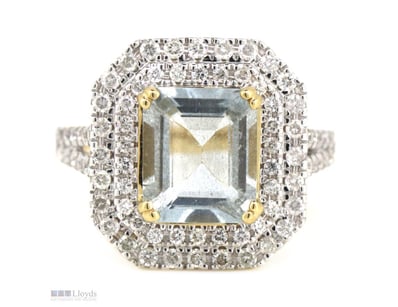14K YELLOW GOLD, AQUAMARINE AND DIAMOND, DOUBLE HA...