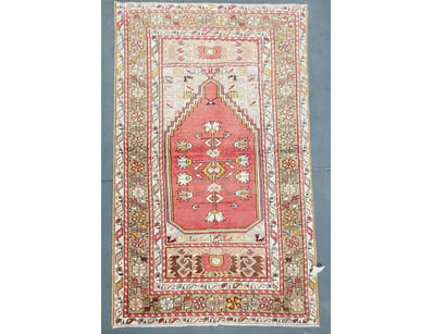 TURKISH HANDMADE RUG WITH CENTRAL MIHRAB DESIGN AN...