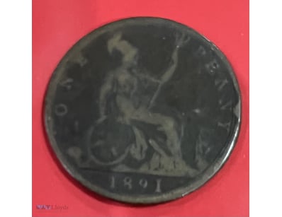 1891-UNITED KINGDOM QUEEN VICTORIA ONE PENNY-SCARC...
