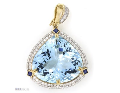 14K YELLOW GOLD, 51.39CT AQUAMARINE AND DIAMOND, D...