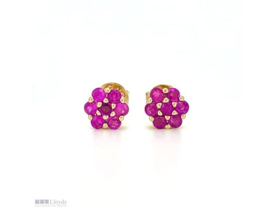 9CT YELLOW GOLD PINK CEYLON SAPPHIRE FLORAL STUD E...