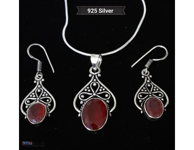 925 SILVER RUBY RED NECKLACE AND EARRINGS SET     ...