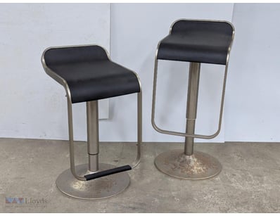 Bar stools, metal frame with black leather seating...