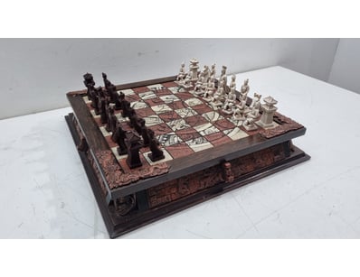ASIAN-INSPIRED DECORATIVE CHESS SET WITH CARVED WO...