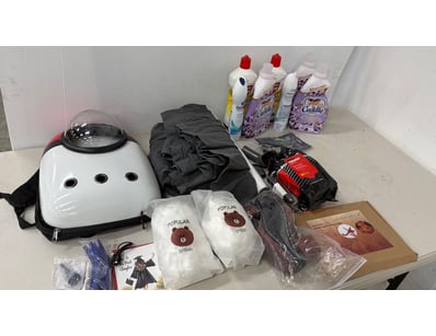 Assorted items including, cat bag carrier, disposa...
