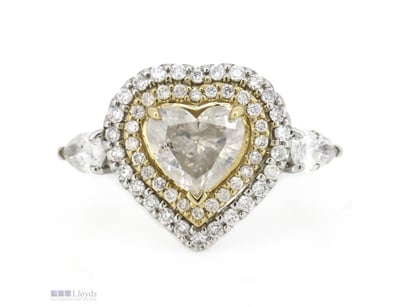 14K YELLOW/WHITE GOLD AND DIAMOND, DOUBLE HALO HEA...