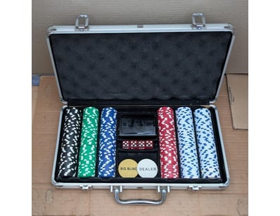 Poker Playing Chips And Card, Dice And Dealer Badg...