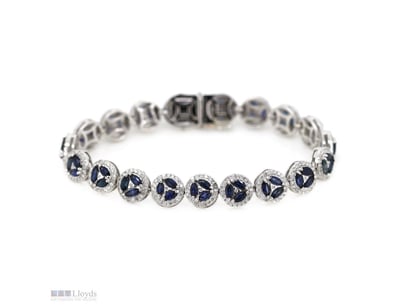 14K WHITE GOLD, BLUE SAPPHIRE AND DIAMOND, HALO BR...