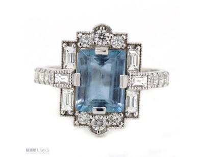 14K WHITE GOLD, AQUAMARINE AND DIAMOND, ART DECO I...