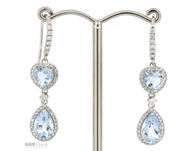14K WHITE GOLD, AQUAMARINE AND DIAMOND, HALO DOUBL...
