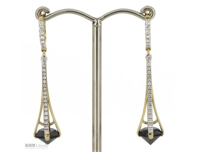 14K YELLOW GOLD, BLACK DIAMOND AND DIAMOND, DROP E...