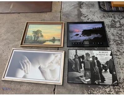 Lot of four framed artworks, different styles and ...
