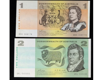 AUSTRALIAN ONE AND TWO DOLLAR BANKNOTES SIGNED BY ...