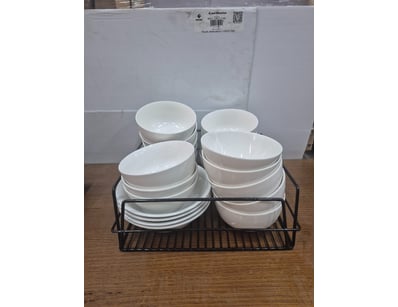Mix of bowls. White finish. Black rack included. 
...