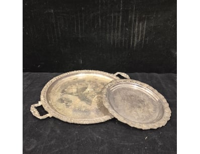PAIR OF SILVER PLATED SERVING TRAYS WITH ORNATE HA...