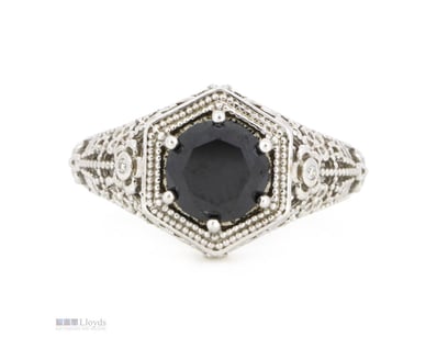 14K WHITE GOLD, BLACK DIAMOND AND DIAMOND, ART DEC...