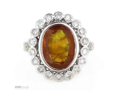 14K WHITE GOLD, ORANGE SAPPHIRE AND DIAMOND, ANTIQ...
