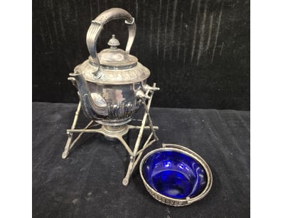 SILVER PLATED SPIRIT KETTLE ON STAND WITH BURNER
...
