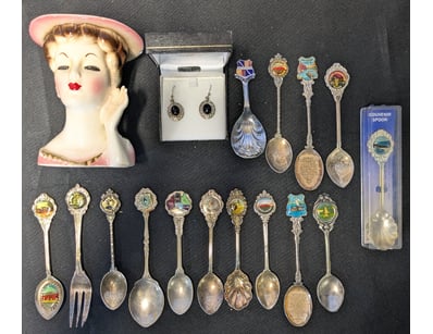 SOUVENIR SPOON COLLECTION WITH STERLING SILVER EAR...