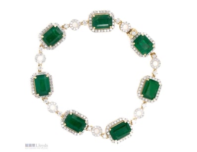 14K YELLOW GOLD/RHODIUM, 17.02CT TSW EMERALD AND D...