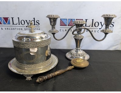 LIDDED BISCUIT BARREL, 3-ARMED CANDELABRA HECWORTH...