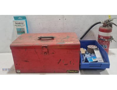 Stanley red metal toolbox with lift-out tray conta...