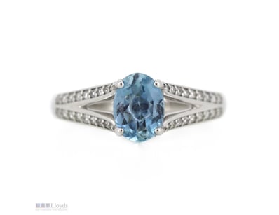 14K WHITE GOLD, AQUAMARINE AND DIAMOND, SPLIT BAND...