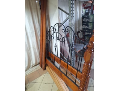 Wooden bed frame with slats, Metal bars with timbe...