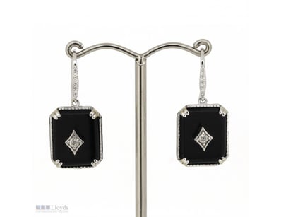 14K WHITE GOLD, ONYX AND DIAMOND, DROP EARRINGS.  ...
