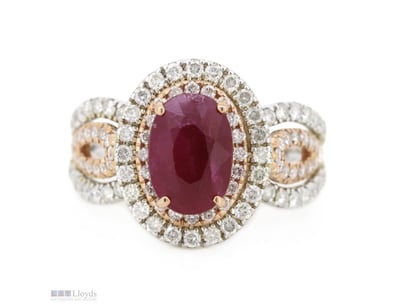 14K WHITE/ROSE GOLD, RUBY AND DIAMOND, DOUBLE HALO...