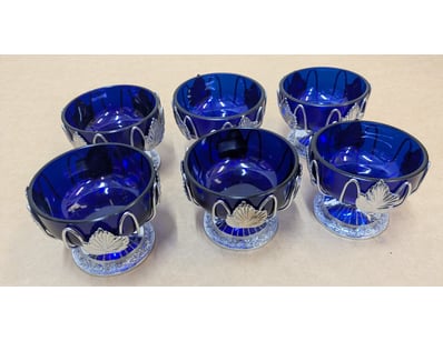 SIX SILVER-MOUNTED COBALT BLUE GLASS BOWLS WITH PE...