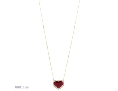 14K YELLOW GOLD, RUBY AND DIAMOND, HALO HEART PEND...