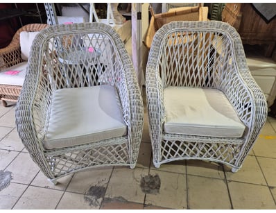 Rattan Chairs, White Cushions

