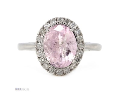 14K WHITE GOLD, MORGANITE AND DIAMOND, HALO RING. ...