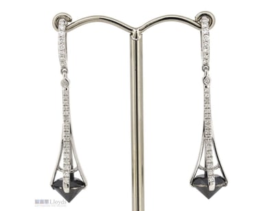 14K WHITE GOLD, BLACK DIAMOND AND DIAMOND, DROP EA...
