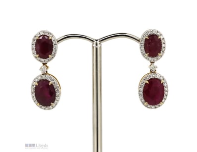 14K YELLOW GOLD, RUBY AND DIAMOND, DOUBLE DROP HAL...