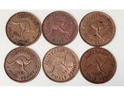 6X 1947 AUSTRALIAN HALF PENNY COINS

488567+17
...