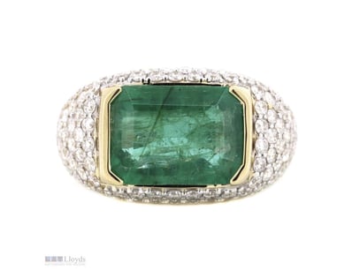 14K YELLOW GOLD, EMERALD AND DIAMOND, STATEMENT CL...