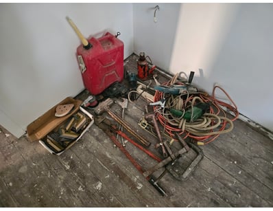 Assorted tools and equipment, including sledgehamm...