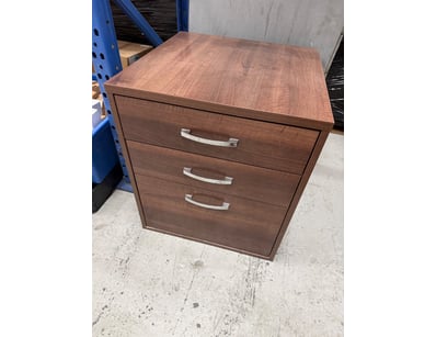 Walnut-finish timber bedside chest featuring three...
