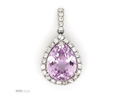 14K WHITE GOLD, KUNZITE AND DIAMOND, HALO PENDANT....