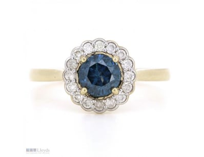 14K YELLOW GOLD, BLUE DIAMOND AND DIAMOND, HALO RI...