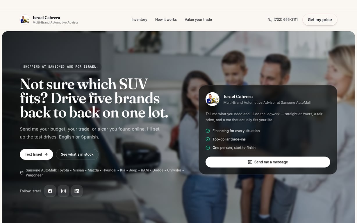 Israel Cabrera's car sales website on Dealer Duo