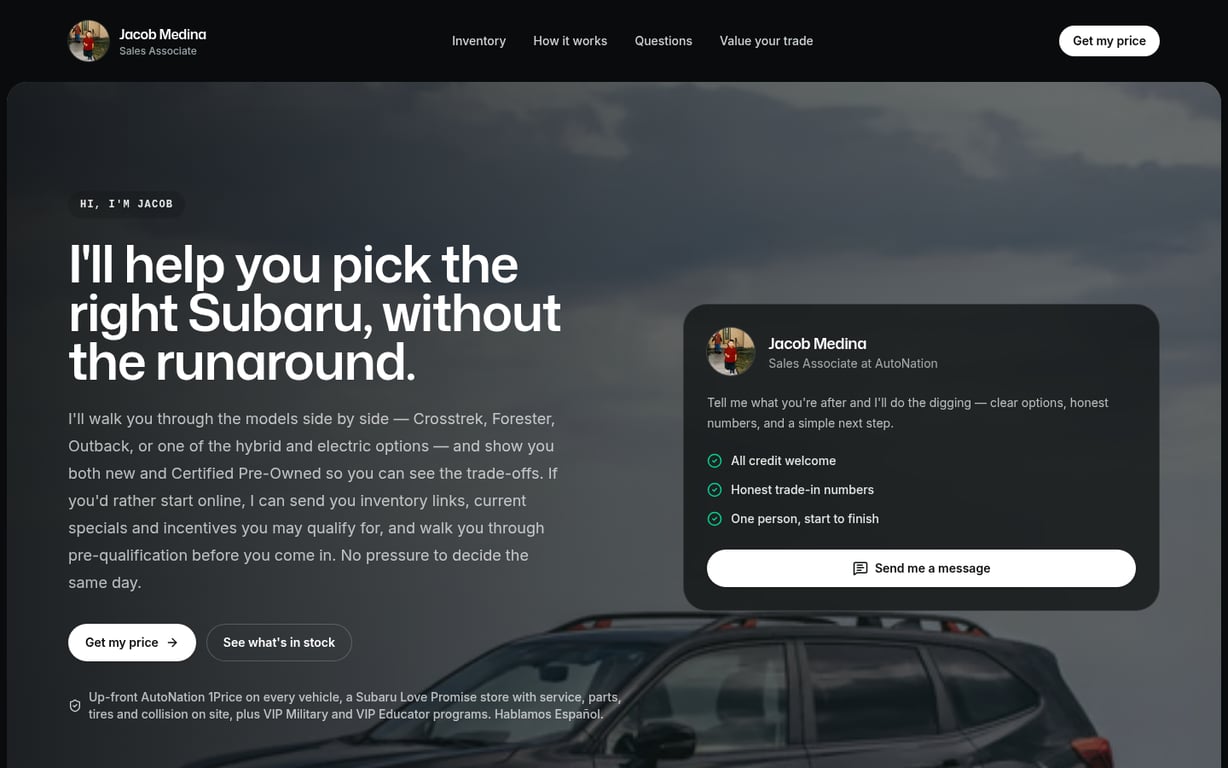 Jacob Medina's car sales website on Dealer Duo